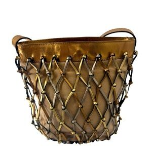 Maripe Genuine Leather Woven Lattice Shoulder Bag Metallic Gold Silver Copper